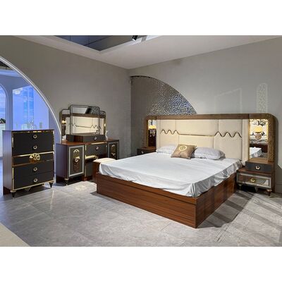 Foshan Wholesale Luxury Complete Bedroom Sets 5 Pieces King Size Bed Suite Marco de madera Muebles de dormitorio modernos turcos