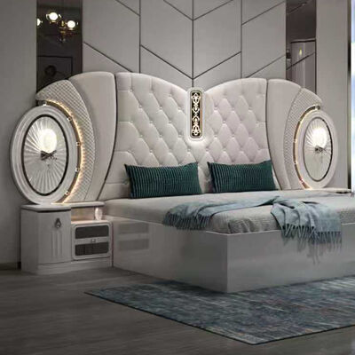Precio a granel, conjunto de muebles de dormitorio de lujo moderno, marco de cama tamaño king, habitación principal, juegos completos de dormitorio turco con luces Led