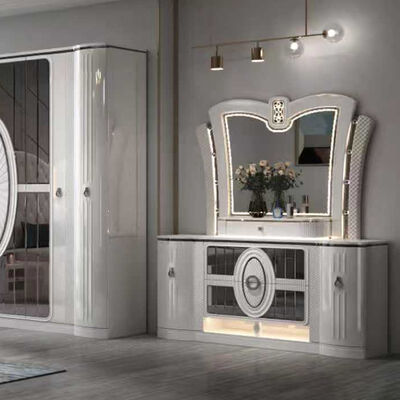 Precio a granel, conjunto de muebles de dormitorio de lujo moderno, marco de cama tamaño king, habitación principal, juegos completos de dormitorio turco con luces Led