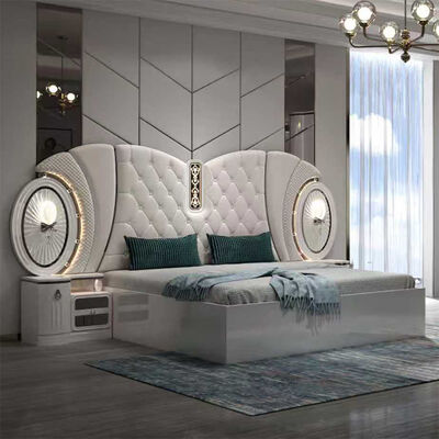 Precio a granel, conjunto de muebles de dormitorio de lujo moderno, marco de cama tamaño king, habitación principal, juegos completos de dormitorio turco con luces Led