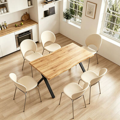 Mesa de comedor rectangular de estilo minimalista con borde vivo, muebles de comedor con Base de Metal, juego de mesa de comedor moderno de madera de 6 plazas