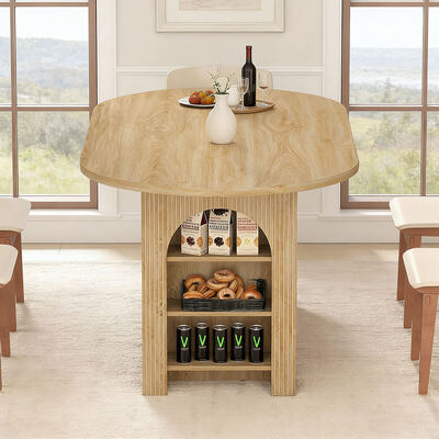 Venta al por mayor de fábrica, juego de mesa de comedor extensible, comedor doméstico de 6 plazas, mesa de comedor plegable de madera ovalada con estantes de almacenamiento