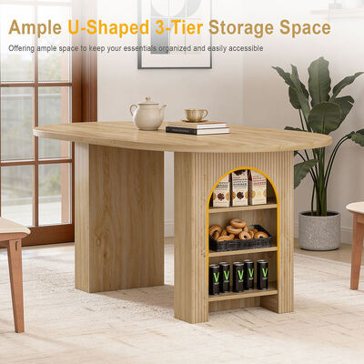 Venta al por mayor de fábrica, juego de mesa de comedor extensible, comedor doméstico de 6 plazas, mesa de comedor plegable de madera ovalada con estantes de almacenamiento