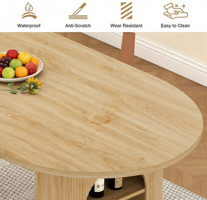 Venta al por mayor de fábrica, juego de mesa de comedor extensible, comedor doméstico de 6 plazas, mesa de comedor plegable de madera ovalada con estantes de almacenamiento
