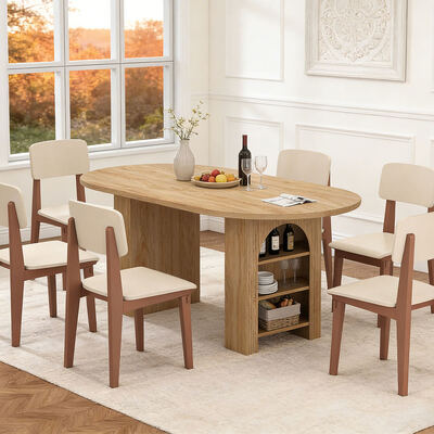 Venta al por mayor de fábrica, juego de mesa de comedor extensible, comedor doméstico de 6 plazas, mesa de comedor plegable de madera ovalada con estantes de almacenamiento