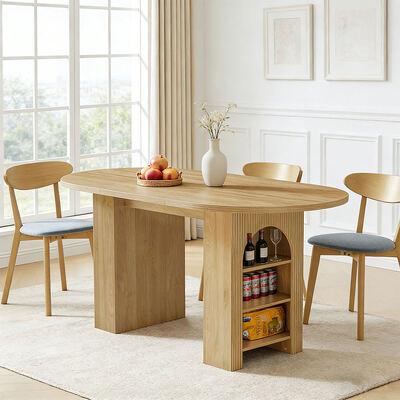 Venta al por mayor de fábrica, juego de mesa de comedor extensible, comedor doméstico de 6 plazas, mesa de comedor plegable de madera ovalada con estantes de almacenamiento
