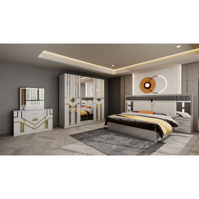 Conjunto Completo de Muebles de Dormitorio de Lujo de Madera de Tamaño Queen, Diseño Moderno Doble Cama King de Cuero, Armario y Tocador al por Mayor