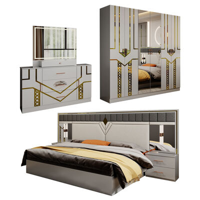 Conjunto Completo de Muebles de Dormitorio de Lujo de Madera de Tamaño Queen, Diseño Moderno Doble Cama King de Cuero, Armario y Tocador al por Mayor
