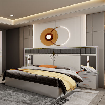 Conjunto Completo de Muebles de Dormitorio de Lujo de Madera de Tamaño Queen, Diseño Moderno Doble Cama King de Cuero, Armario y Tocador al por Mayor