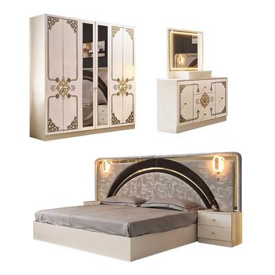 Modern Luxury White Gold Complete Bedroom Sets High Gloss LED Headboard King Size Bed Cuadro de madera Muebles para el dormitorio