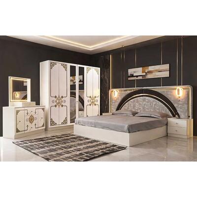 Modern Luxury White Gold Complete Bedroom Sets High Gloss LED Headboard King Size Bed Cuadro de madera Muebles para el dormitorio