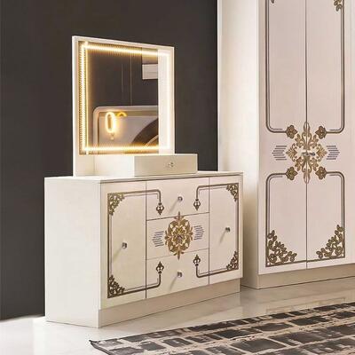 Modern Luxury White Gold Complete Bedroom Sets High Gloss LED Headboard King Size Bed Cuadro de madera Muebles para el dormitorio