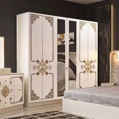 Modern Luxury White Gold Complete Bedroom Sets High Gloss LED Headboard King Size Bed Cuadro de madera Muebles para el dormitorio