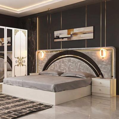 Modern Luxury White Gold Complete Bedroom Sets High Gloss LED Headboard King Size Bed Cuadro de madera Muebles para el dormitorio