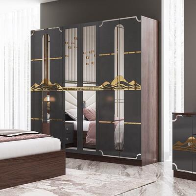 Muebles de dormitorio de lujo moderno Conjunto de marco de madera de alto brillo Gris King Size Cama Sala principal Suite Muebles de dormitorio turco
