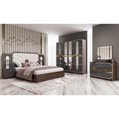 Muebles de dormitorio de lujo moderno Conjunto de marco de madera de alto brillo Gris King Size Cama Sala principal Suite Muebles de dormitorio turco
