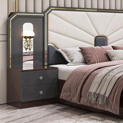 Muebles de dormitorio de lujo moderno Conjunto de marco de madera de alto brillo Gris King Size Cama Sala principal Suite Muebles de dormitorio turco