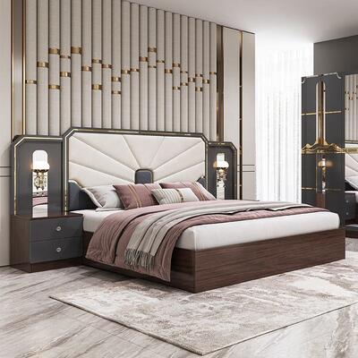 Muebles de dormitorio de lujo moderno Conjunto de marco de madera de alto brillo Gris King Size Cama Sala principal Suite Muebles de dormitorio turco