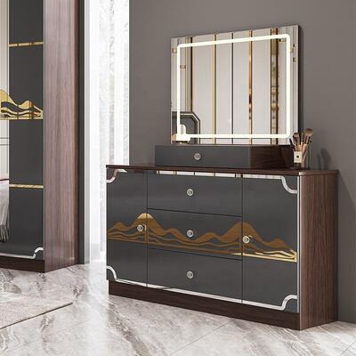 Muebles de dormitorio de lujo moderno Conjunto de marco de madera de alto brillo Gris King Size Cama Sala principal Suite Muebles de dormitorio turco