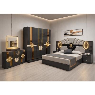 Juego Completo de Dormitorio de Lujo Real Turco Tamaño King, Suite de Dormitorio con Cabecero Iluminado, Marco de Madera, Juego de Muebles de Dormitorio Moderno