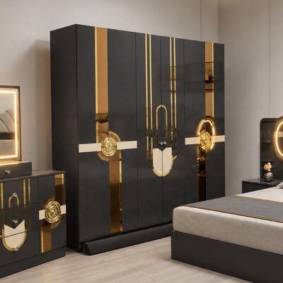 Juego Completo de Dormitorio de Lujo Real Turco Tamaño King, Suite de Dormitorio con Cabecero Iluminado, Marco de Madera, Juego de Muebles de Dormitorio Moderno