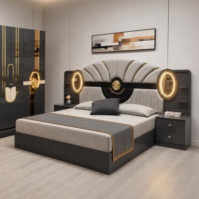 Juego Completo de Dormitorio de Lujo Real Turco Tamaño King, Suite de Dormitorio con Cabecero Iluminado, Marco de Madera, Juego de Muebles de Dormitorio Moderno