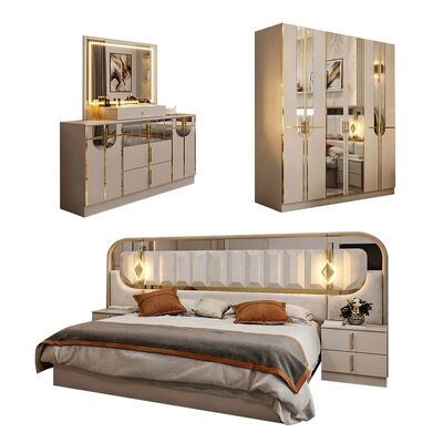 High Gloss Royal Luxury Complete Bedroom Sets King Size Bedroom 5 piezas Marco de madera Set de muebles de dormitorio moderno turco