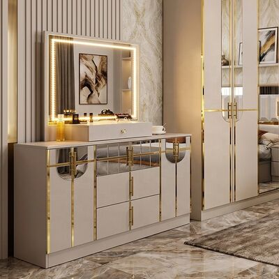 High Gloss Royal Luxury Complete Bedroom Sets King Size Bedroom 5 piezas Marco de madera Set de muebles de dormitorio moderno turco