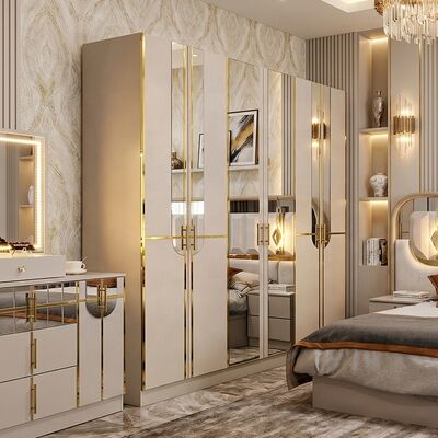 High Gloss Royal Luxury Complete Bedroom Sets King Size Bedroom 5 piezas Marco de madera Set de muebles de dormitorio moderno turco