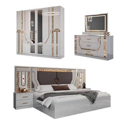 Compras al por mayor conjunto de cama de tamaño rey turco conjunto completo de habitación de lujo conjunto de habitación para adultos doble marco de madera conjunto de muebles de dormitorio moderno