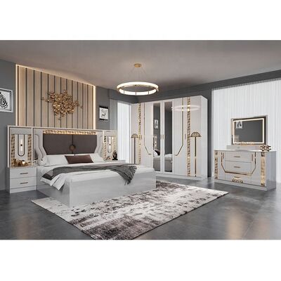 Compras al por mayor conjunto de cama de tamaño rey turco conjunto completo de habitación de lujo conjunto de habitación para adultos doble marco de madera conjunto de muebles de dormitorio moderno