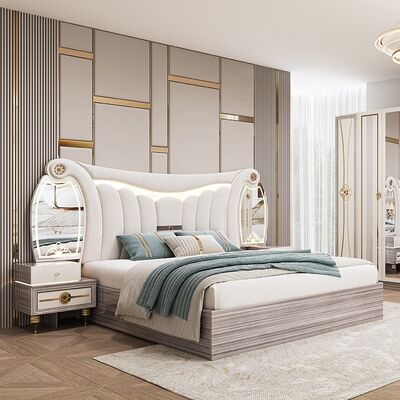 Juego de muebles de dormitorio moderno tamaño King, lujo, cabecero iluminado, cama doble, marco de madera, juego completo para dormitorio principal turco