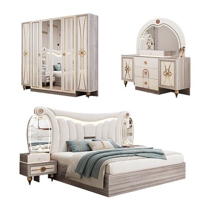 Juego de muebles de dormitorio moderno tamaño King, lujo, cabecero iluminado, cama doble, marco de madera, juego completo para dormitorio principal turco