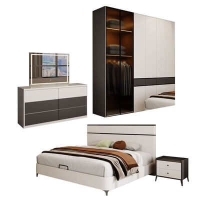 Muebles modernos de dormitorio de lujo Conjunto clásico de madera King Size con amplio espacio de almacenamiento Acogedor Minimalista Completo Master Suite