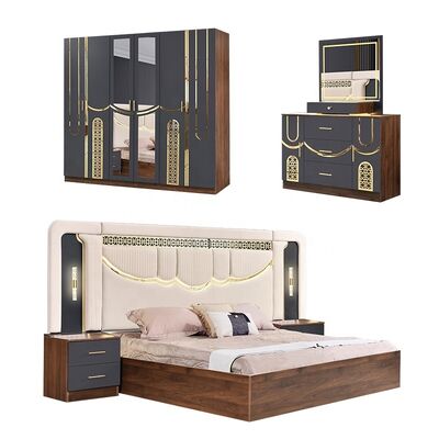 Juego de dormitorio de lujo estilo turco 2026 tamaño king, suite de dormitorio principal, marco de madera, muebles modernos de dormitorio baratos al por mayor